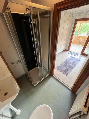 a bathroom with a toilet and a glass shower door at Vetlandavägen 37 C in Målilla