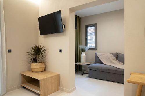 a living room with a couch and a tv on a wall at Olympus Suites in Paralia Panteleimonos