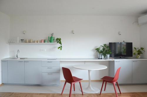 een keuken met een tafel en twee rode stoelen bij STUDIO GREENHOUSE in Tolmin