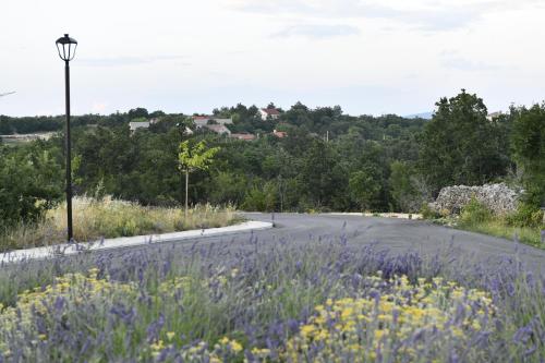 an empty road with a field of flowers at Great place for relaxation in Gornji Proložac