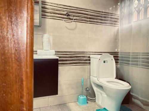a bathroom with a toilet and a sink at Joyous AP Guest House in Aburi