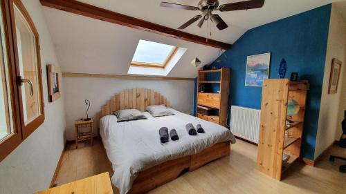 une chambre avec un lit et un ventilateur de plafond dans l'établissement Lacustrebnb, à Choisy