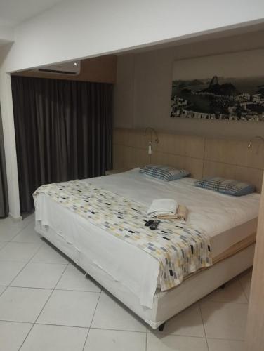 a dog laying on a bed in a bedroom at Confort Suite autônoma Quality Rio Centro in Rio de Janeiro
