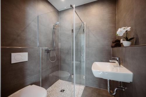 een badkamer met een douche, een toilet en een wastafel bij Ferienwohnung Lindbruchblick in Niederkrüchten