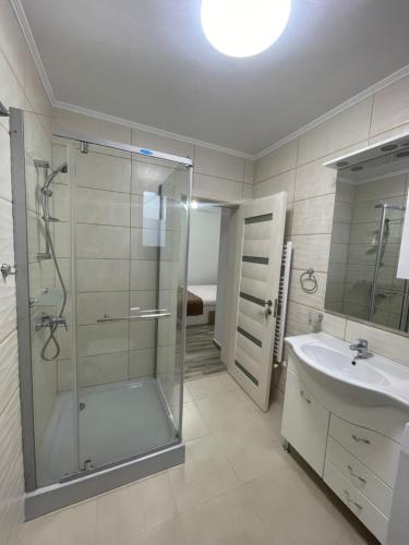 ein Bad mit einer Dusche und einem Waschbecken in der Unterkunft Pensiunea Giulia in Afumaţi