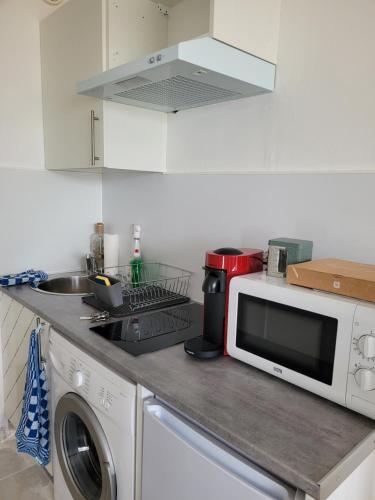 une cuisine avec un micro-ondes et un lave-linge dans l'établissement Ducal - Marina Baie des Anges, à Villeneuve-Loubet
