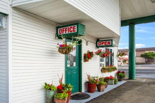 a coffee shop with potted plants on the side of the building at Econo Lodge Newport in Newport