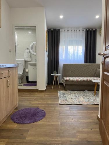 a living room with a couch and a bathroom at Demiri Rr in Ulcinj