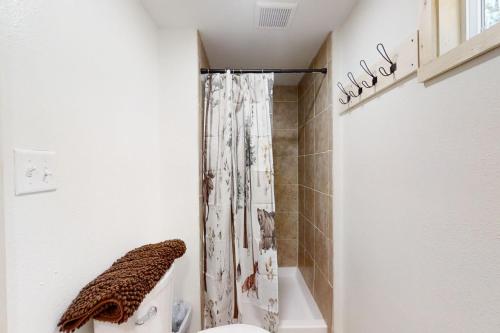 a bathroom with a shower curtain and a toilet at Big Pine Retreat in Crescent