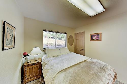 Un dormitorio con una cama grande y una ventana. en Vinyard Cottage, en Sebastopol