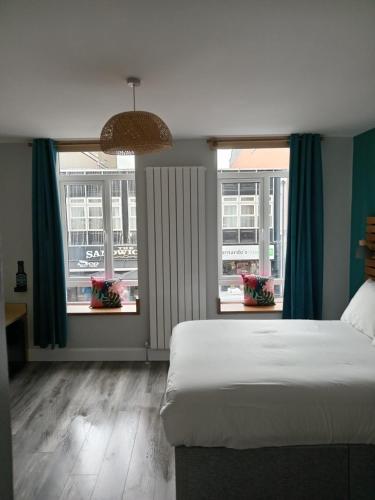 a bedroom with a large bed and two windows at No.5 in Derry Londonderry