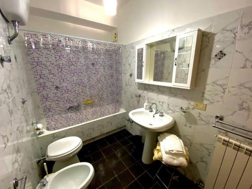 La salle de bains est pourvue d'un lavabo, de toilettes et d'une douche. dans l'établissement Casa Giulia a Belmonte Calabro, à Belmonte Calabro