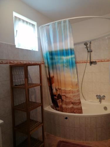 a bathroom with a tub with a shower curtain at Anna Vendégház in Balatonőszöd