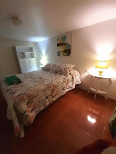 a bedroom with a bed and a table with a lamp at Encanto Rural - Casa de campo para disfrutar y olvidar el estrés in Putaendo