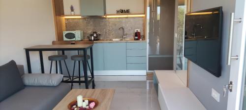 a small kitchen with a counter and a table at Elais Luxury Villas in Parga
