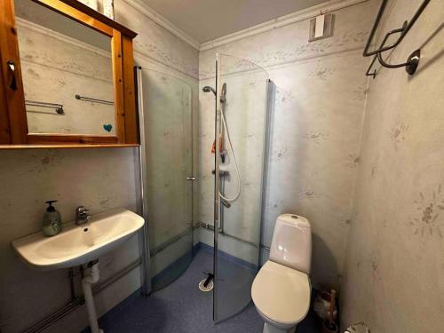 uma casa de banho com um chuveiro, um WC e um lavatório. em Hus Krylbo Avesta em Krylbo