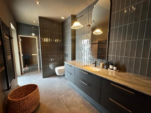 La salle de bains est pourvue d'un lavabo, de toilettes et d'un miroir. dans l'établissement Stunning Luxury Chalet in West Iceland, à Reykholt