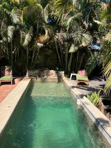 a swimming pool with green water and palm trees at Casitas Eclecticas in Sayulita
