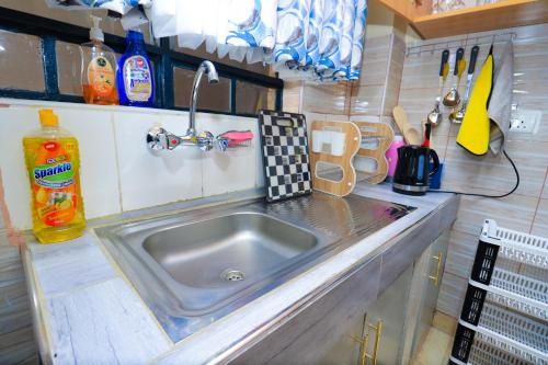 KiambuにあるJoy fully furnished & serviced apartmentsのキッチン(キャラバン内のステンレス製シンク付)