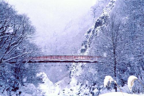 a red bridge in a snow covered mountain at LUCENT in Toyohira