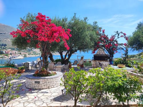 a garden with red flowers and tables and trees at Waterside Apartments in Ayia Evfimia