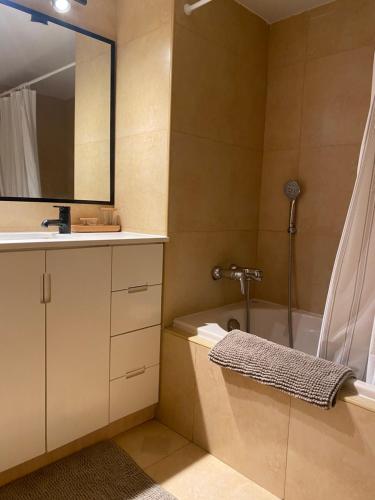 荷茲利亞的住宿－spacious real two bedrooms at the daniel hotel，一间带水槽、浴缸和镜子的浴室