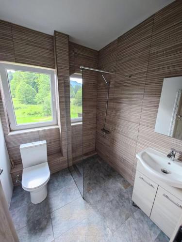 a bathroom with a toilet and a sink and a window at Izvorul lui Dracula in Râşnov