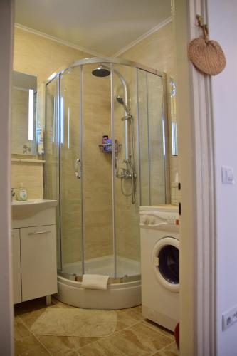 a bathroom with a shower and a washing machine at Apartment Dona Vesna in Dubrovnik