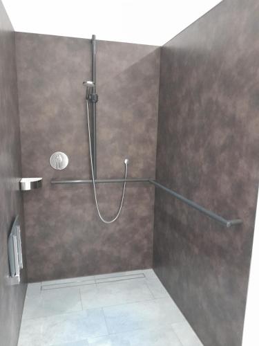 a shower in a bathroom with a shower curtain at Ferienwohnung Wussegel in Hitzacker