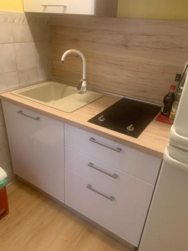 a kitchen with a sink and a laptop on a counter at House Krk in Krk