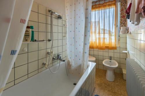 La salle de bains est pourvue d'une douche, d'une baignoire et de toilettes. dans l'établissement See- Panorama, à Gaienhofen