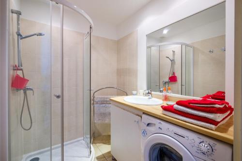 a bathroom with a shower and a washing machine at Studio En Bord De Mer in Cagnes-sur-Mer