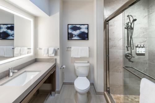 a bathroom with a toilet and a sink and a shower at Candlewood Suites DFW Airport North - Irving by IHG in Irving