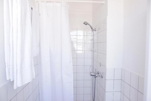 y baño con ducha y cortina de ducha. en Nest - Baarerstrasse 45, en Zug