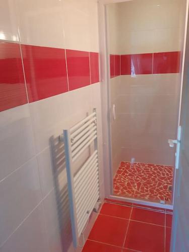 - une salle de bains rouge et blanche avec douche et carrelage rouge dans l'établissement La cabane au fond du jardin, à Montrodat