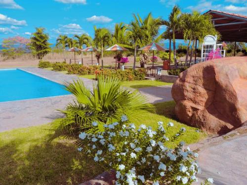 un complexe avec une piscine, des fleurs et des palmiers dans l'établissement Dexamano Hotel & Resort, à Lejamaní