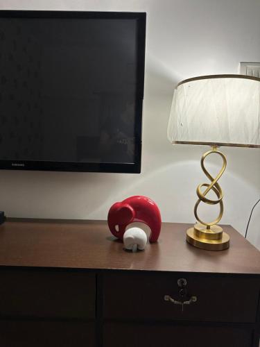 a lamp and a stuffed animal on a table with a television at Paridhi in Varanasi