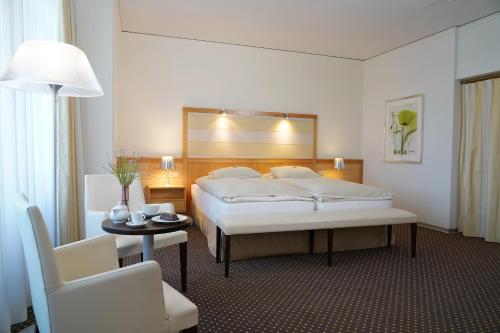 um quarto de hotel com uma cama e uma cadeira em Park-Hotel am Rhein - Gesundheitshotel und Residenzen em Rheinfelden