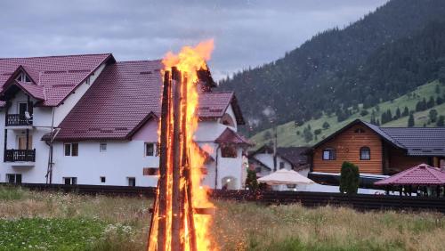 a fire in a field in front of a house at Pensiune Domeniul Stanca in Vatra Dornei