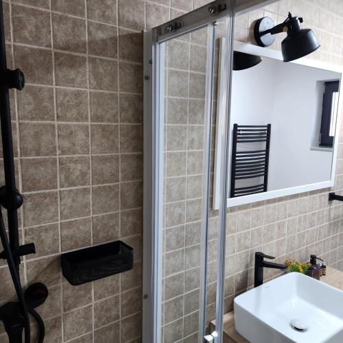 a bathroom with a sink and a mirror at My room accommodation in Curtea de Argeş
