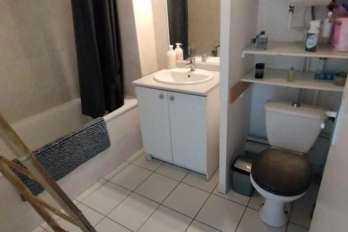 a small bathroom with a toilet and a sink at T2 duplex + piscine avec parking in Montpellier