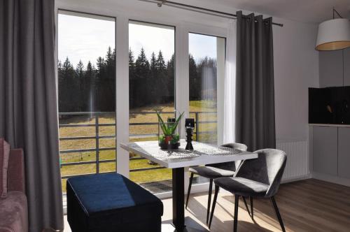 Zimmer mit einem Tisch und Stühlen sowie einem großen Fenster in der Unterkunft Willa Apart 19A in Karpacz