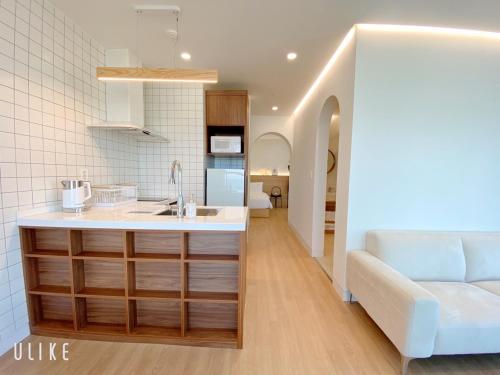 釜山的住宿－Paul Mare Pool Villa，一个带水槽的厨房和一张沙发