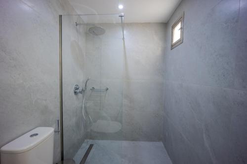 a bathroom with a glass shower with a toilet at Ascuri Studio by Estia in Sissi