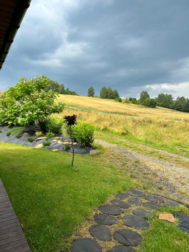 a walkway with a field in the background at Cabanówka in Hoczew