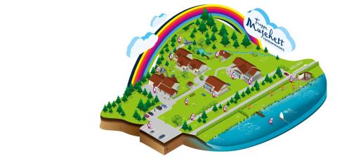 an isometric illustration of a fantasy island with a rainbow at Ferienparadies Truppe in Velden am Wörthersee