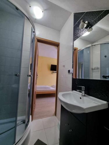 a bathroom with a sink and a shower and a mirror at Willa Gazda in Sromowce Niżne