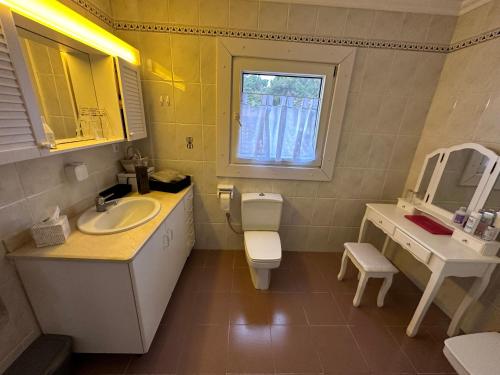 a bathroom with a sink and a toilet and a mirror at Suite en estancia maravillosa y romántica ideal parejas in Pineda de Mar