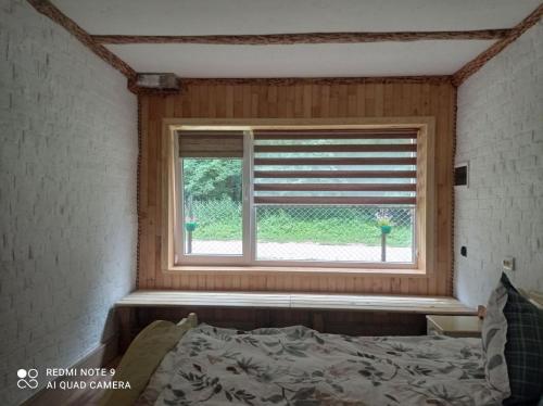 Dormitorio con ventana y cama. en Садиба Живиця, en Kozlin