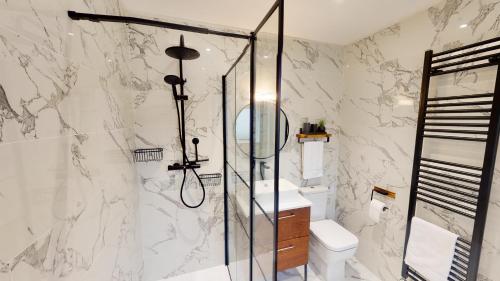 a bathroom with a shower and a toilet and a sink at Dalnaglar in Nethy Bridge